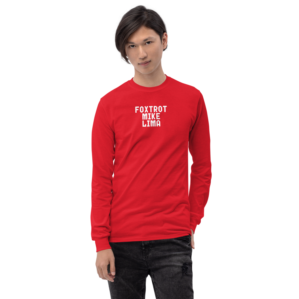 "Foxtrot Mike Lima" printed on a red men's long sleeve shirt worn by a male