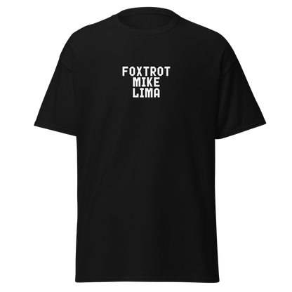 "Foxtrot Mike Lima" printed on a black on an invisible body