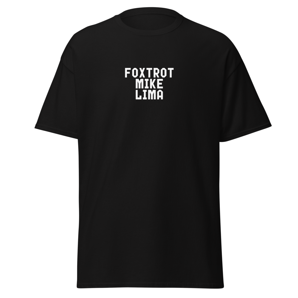 "Foxtrot Mike Lima" printed on a black on an invisible body