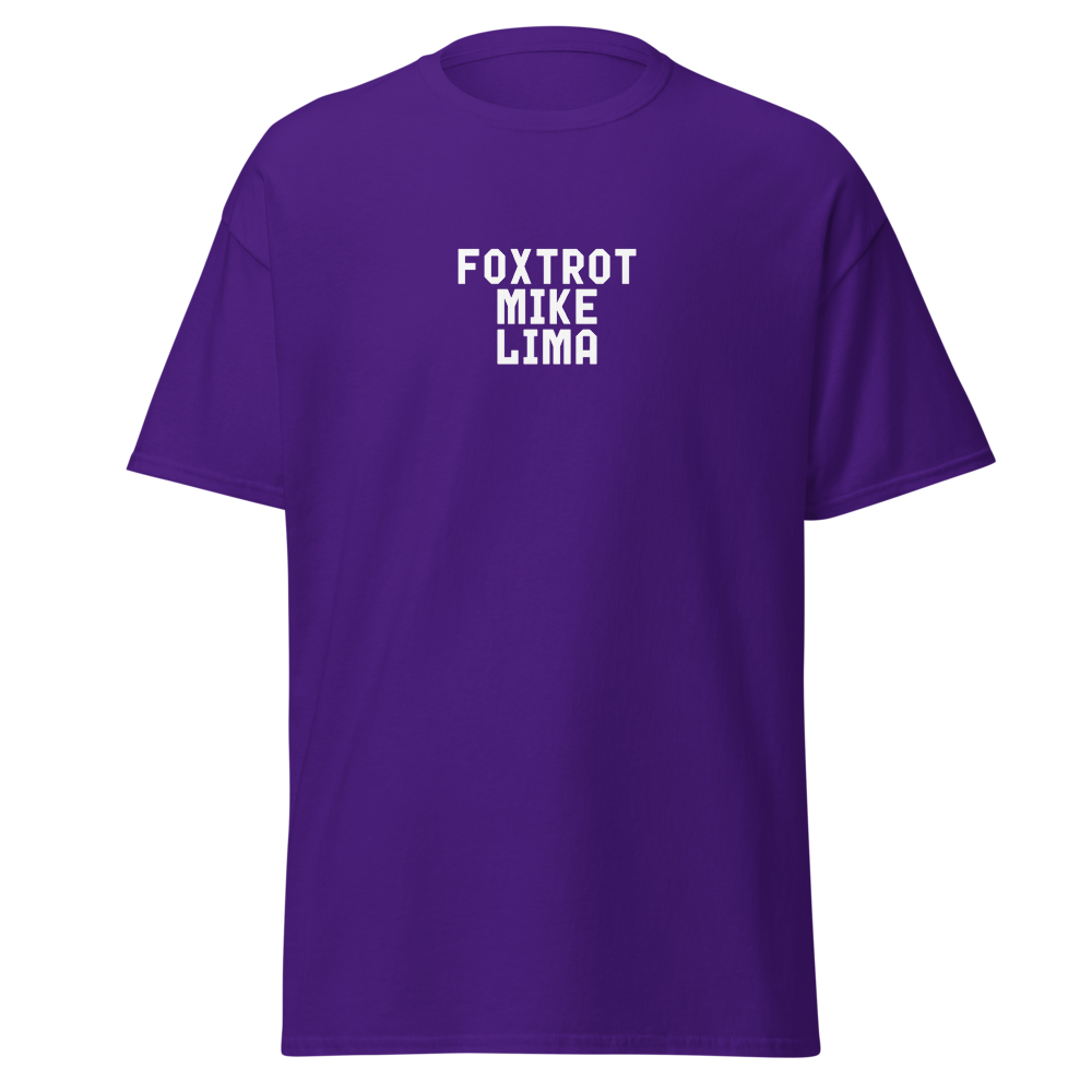 "Foxtrot Mike Lima" printed on a purple on an invisible body