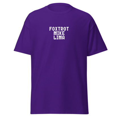 "Foxtrot Mike Lima" printed on a purple on an invisible body