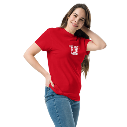 "Foxtrot Mike Lima" printed on a red unisex classic tee worn by a female