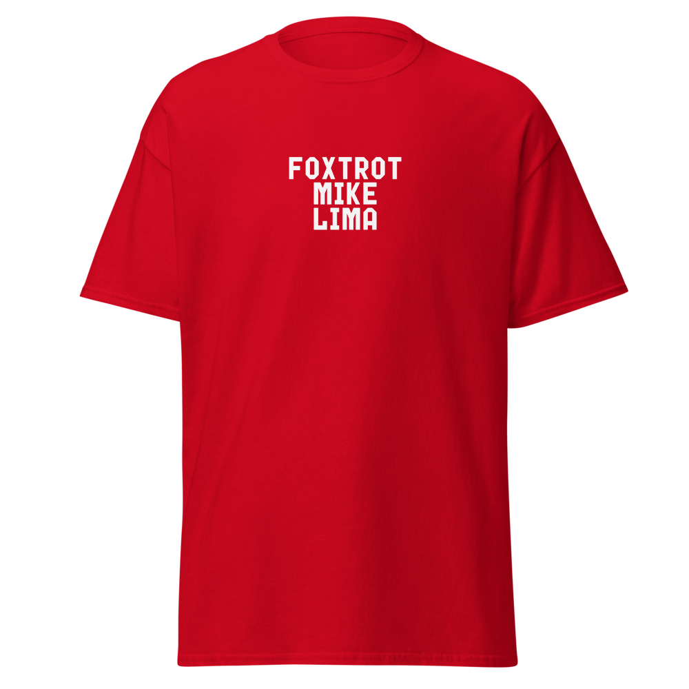 "Foxtrot Mike Lima" printed on a red on an invisible body