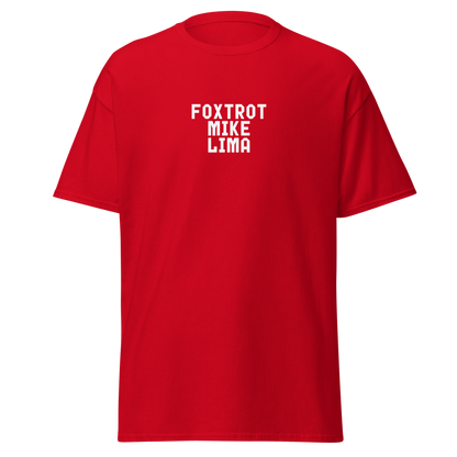 "Foxtrot Mike Lima" printed on a red on an invisible body