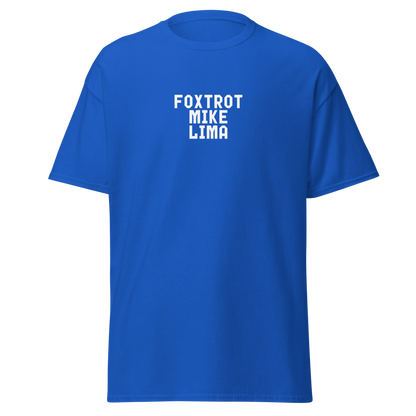 "Foxtrot Mike Lima" printed on a royal on an invisible body