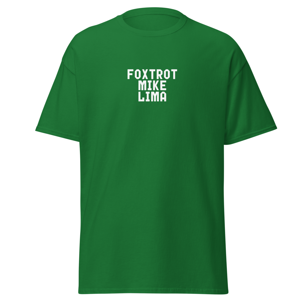 "Foxtrot Mike Lima" printed on a turf green on an invisible body