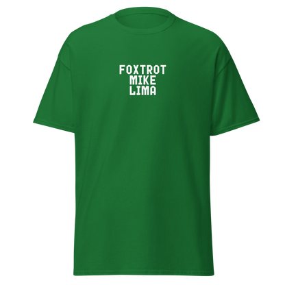 "Foxtrot Mike Lima" printed on a turf green on an invisible body