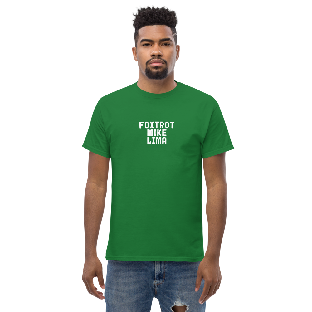 "Foxtrot Mike Lima" printed on a turf green unisex classic tee worn by a male