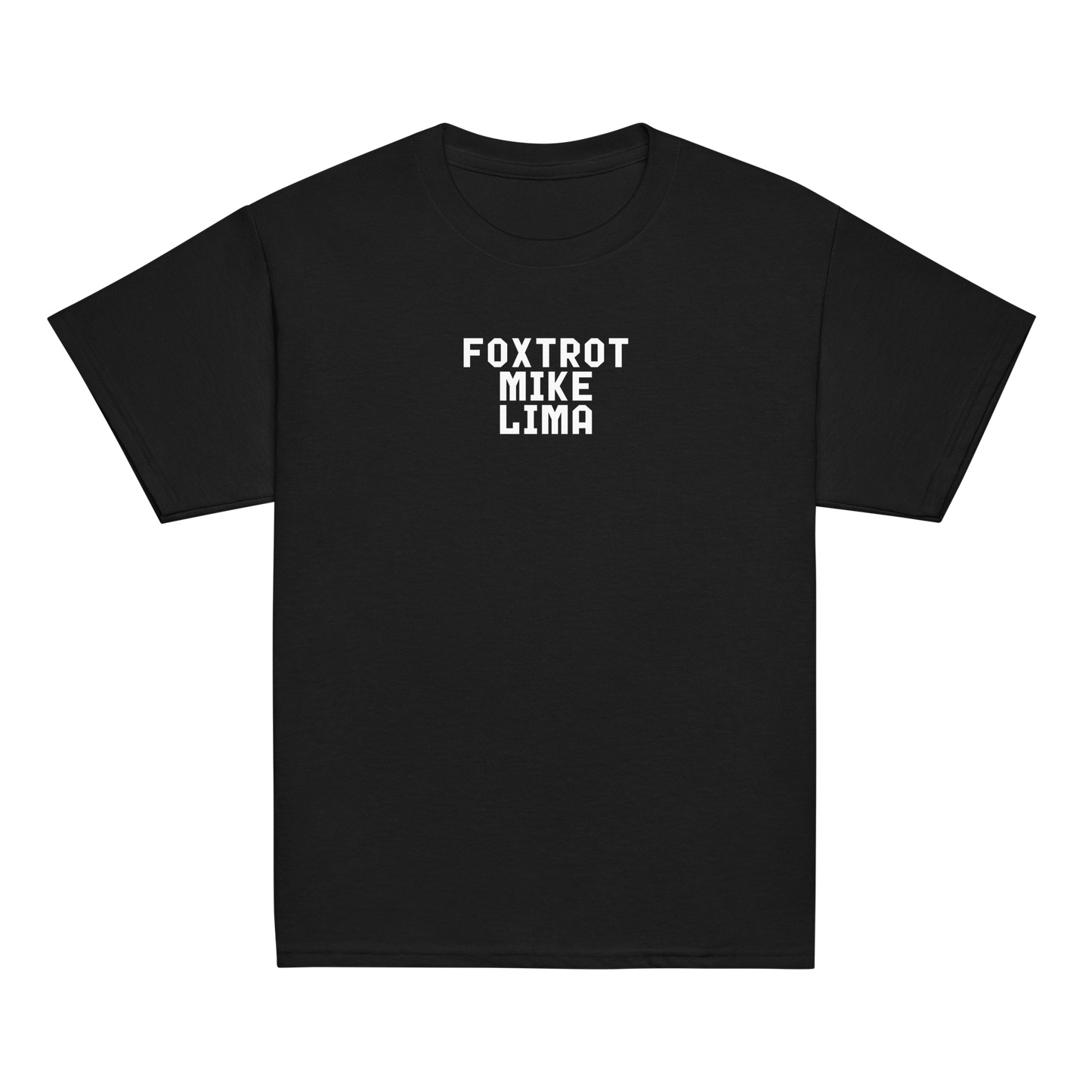 "Foxtrot Mike Lima" printed on a black youth classic tee laying on a flat surface