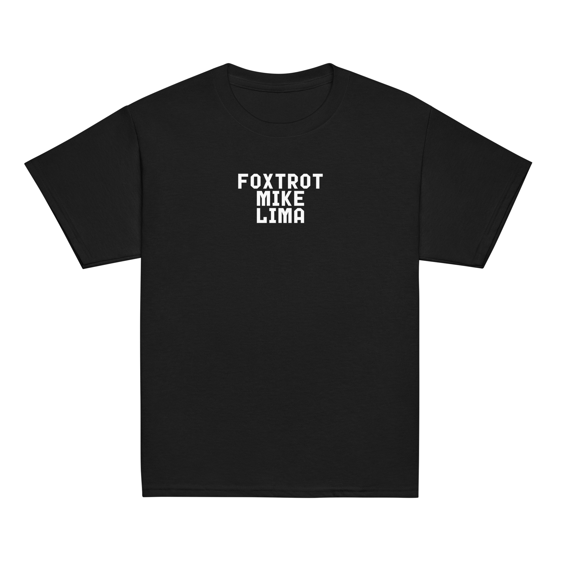 "Foxtrot Mike Lima" printed on a black youth classic tee laying on a flat surface