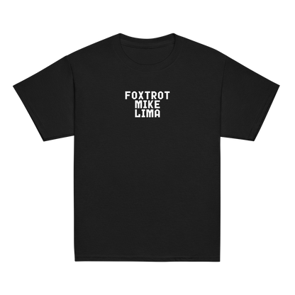 "Foxtrot Mike Lima" printed on a black youth classic tee laying on a flat surface