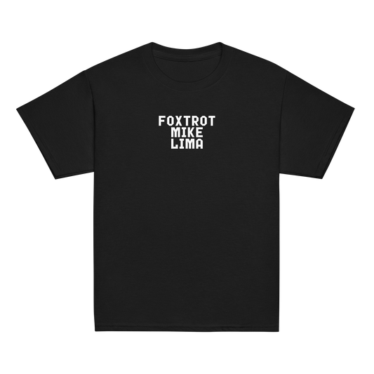 "Foxtrot Mike Lima" printed on a black youth classic tee laying on a flat surface