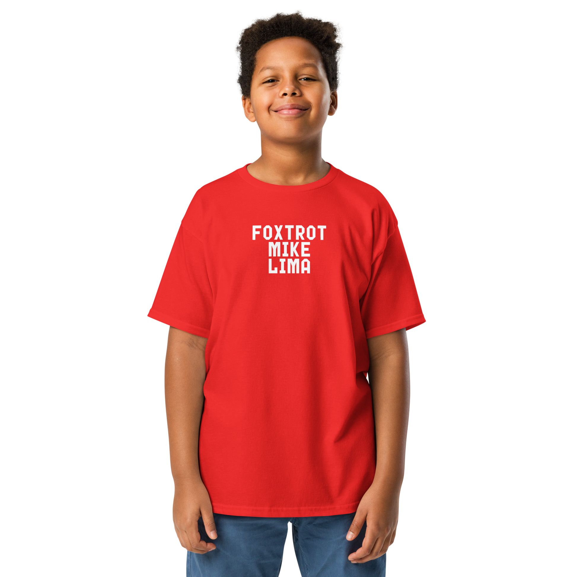 "Foxtrot Mike Lima" printed on a red youth classic tee worn by a male