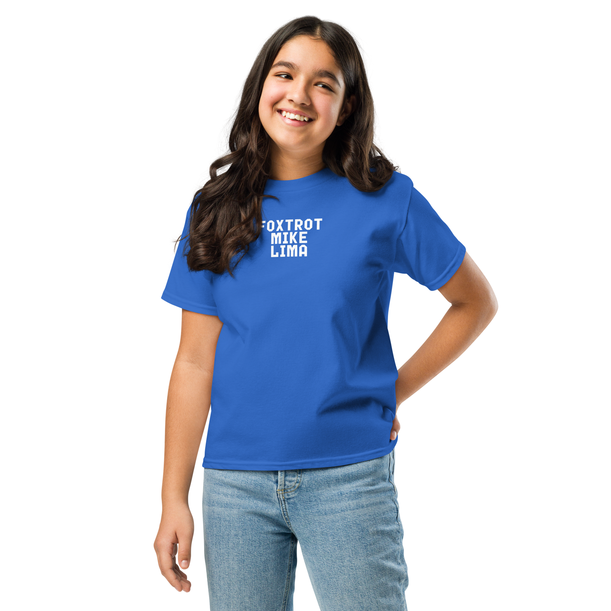 "Foxtrot Mike Lima" printed on a royal youth classic tee worn by a female