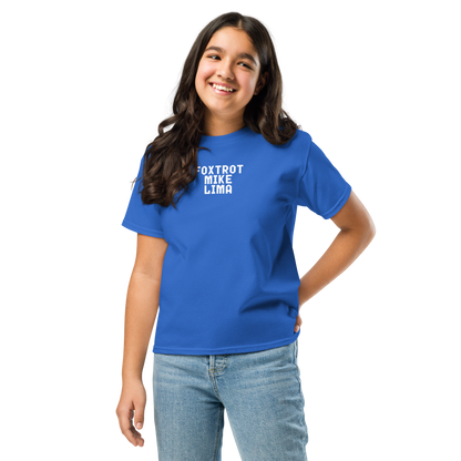 "Foxtrot Mike Lima" printed on a royal youth classic tee worn by a female