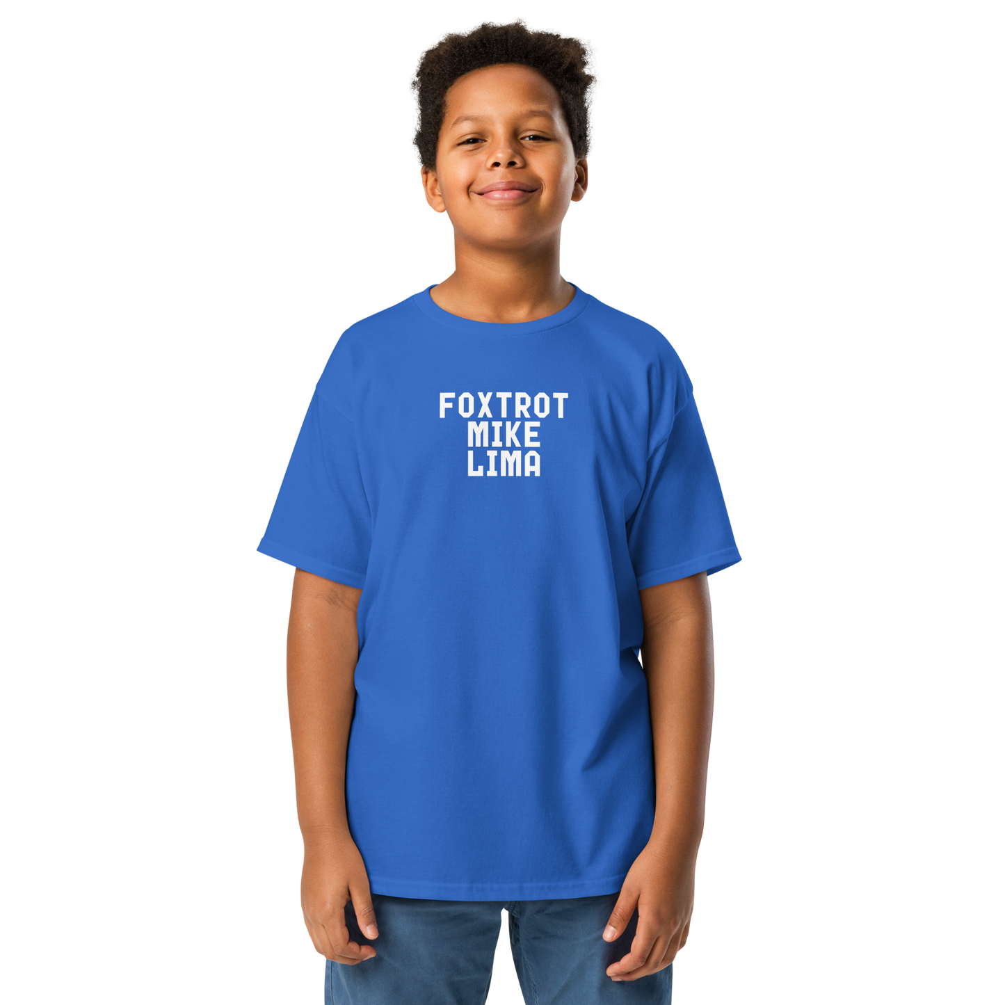 "Foxtrot Mike Lima" printed on a royal youth classic tee worn by a male