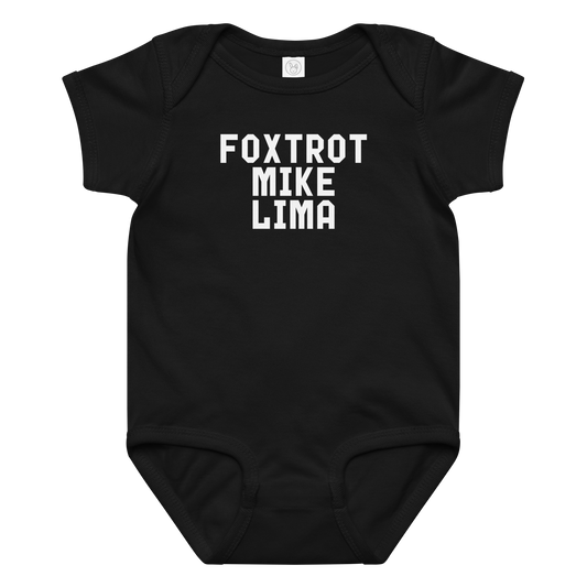 "Foxtrot Mike Lima" printed on a black baby jersey bodysuit laying on a flat surface amongst other clothes