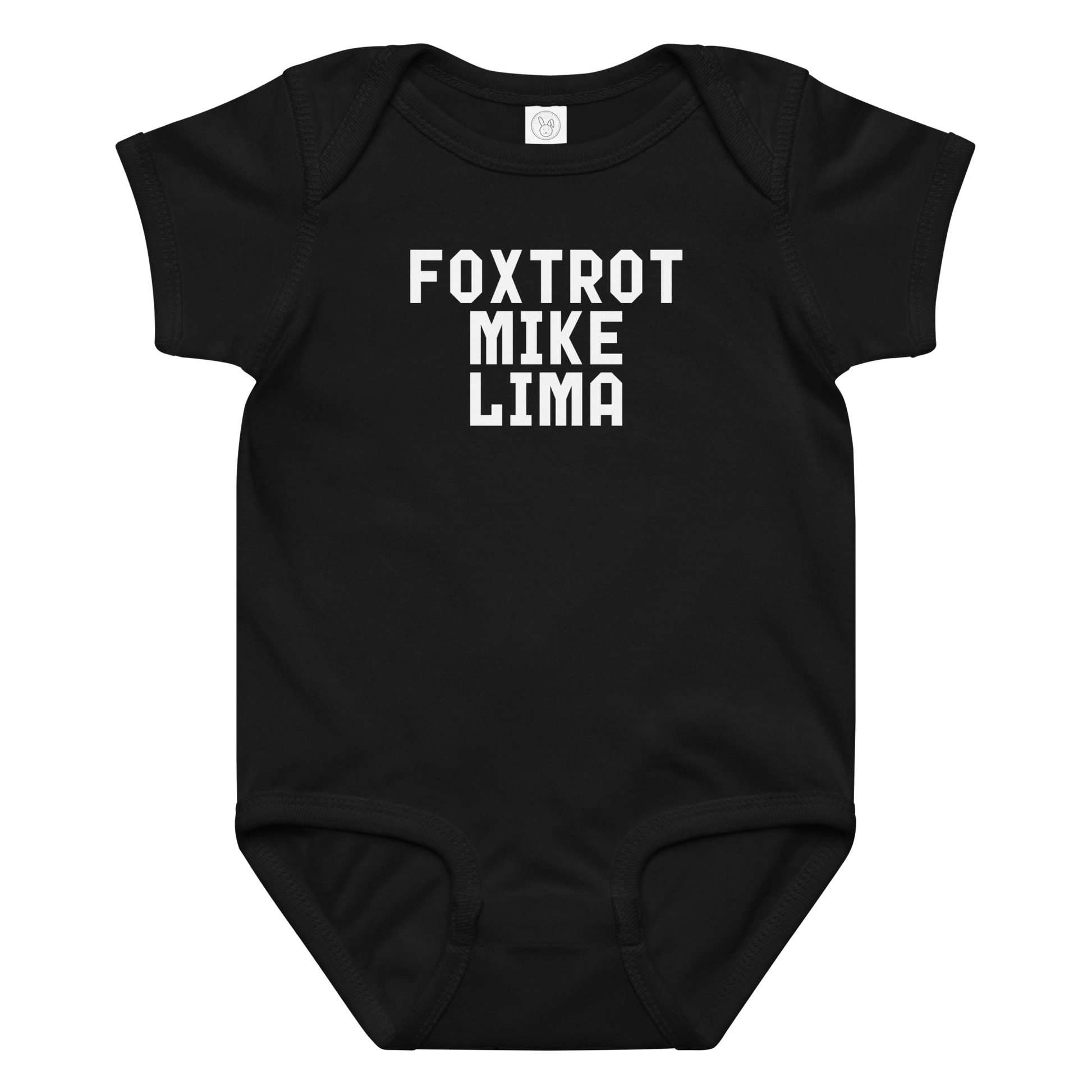 "Foxtrot Mike Lima" printed on a black baby jersey bodysuit laying on a flat surface amongst other clothes