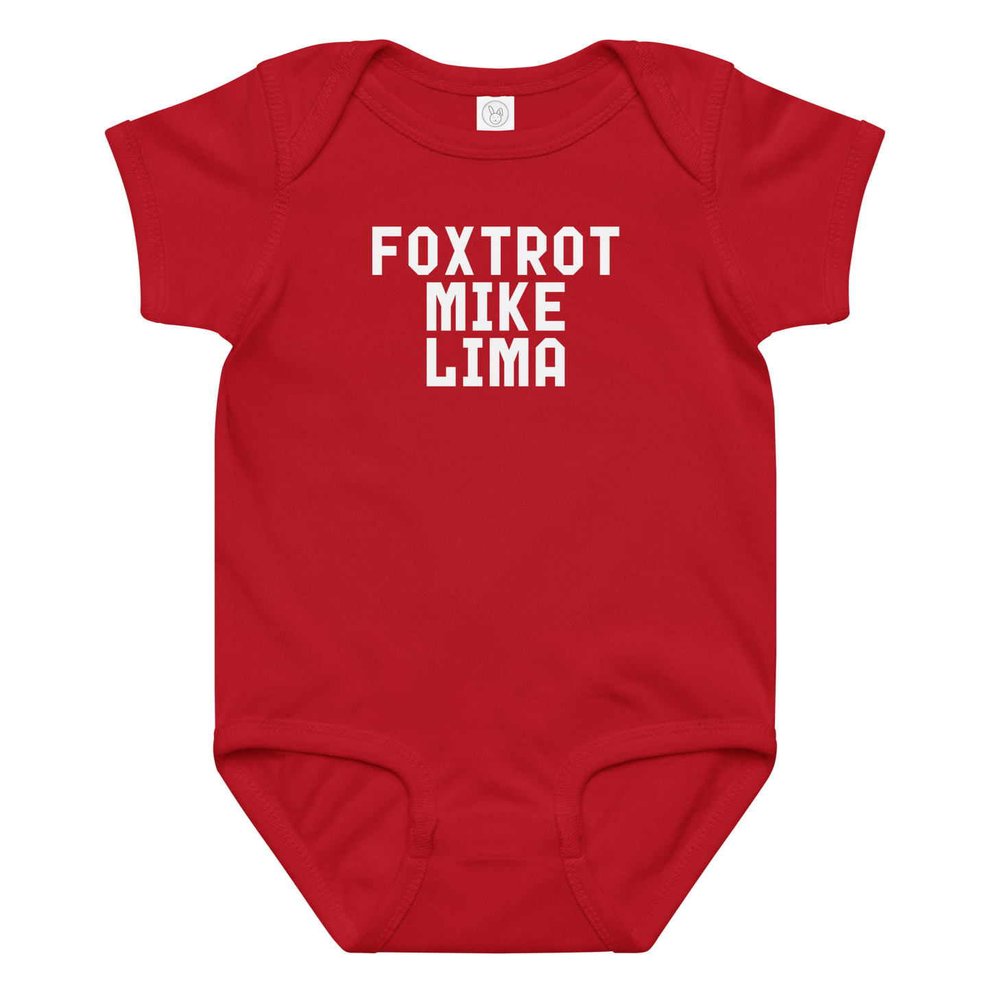 "Foxtrot Mike Lima" printed on a red baby jersey bodysuit laying on a flat surface amongst other clothes