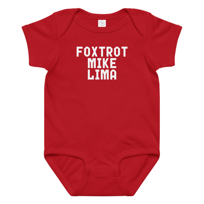 "Foxtrot Mike Lima" printed on a red baby jersey bodysuit laying on a flat surface amongst other clothes