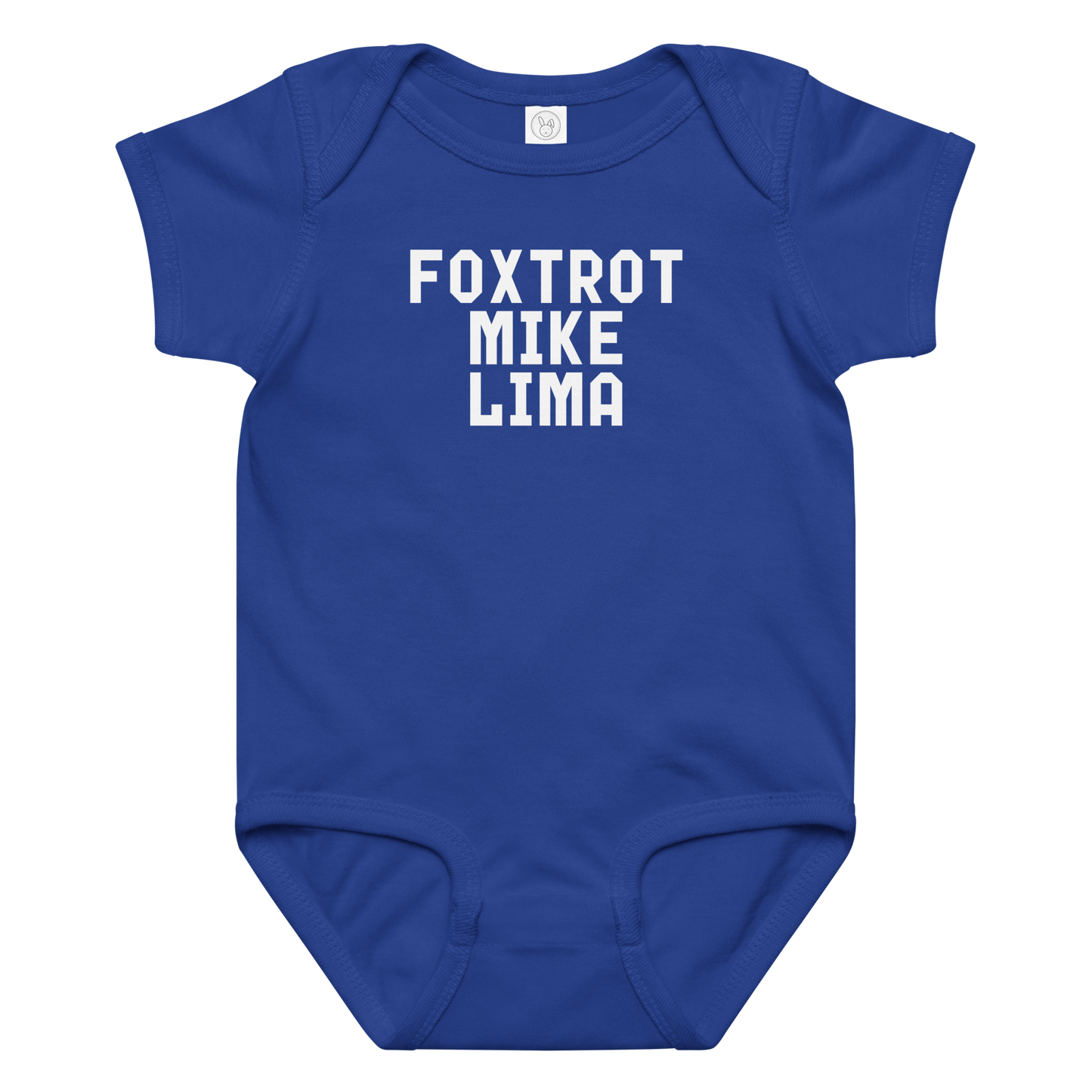 "Foxtrot Mike Lima" printed on a royal baby jersey bodysuit laying on a flat surface amongst other clothes