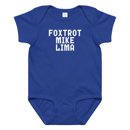 "Foxtrot Mike Lima" printed on a royal baby jersey bodysuit laying on a flat surface amongst other clothes