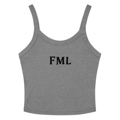 "FML" printed on a athletic heather women's micro-rib tanktop laying on a flat surface amongst sunglasses and shorts