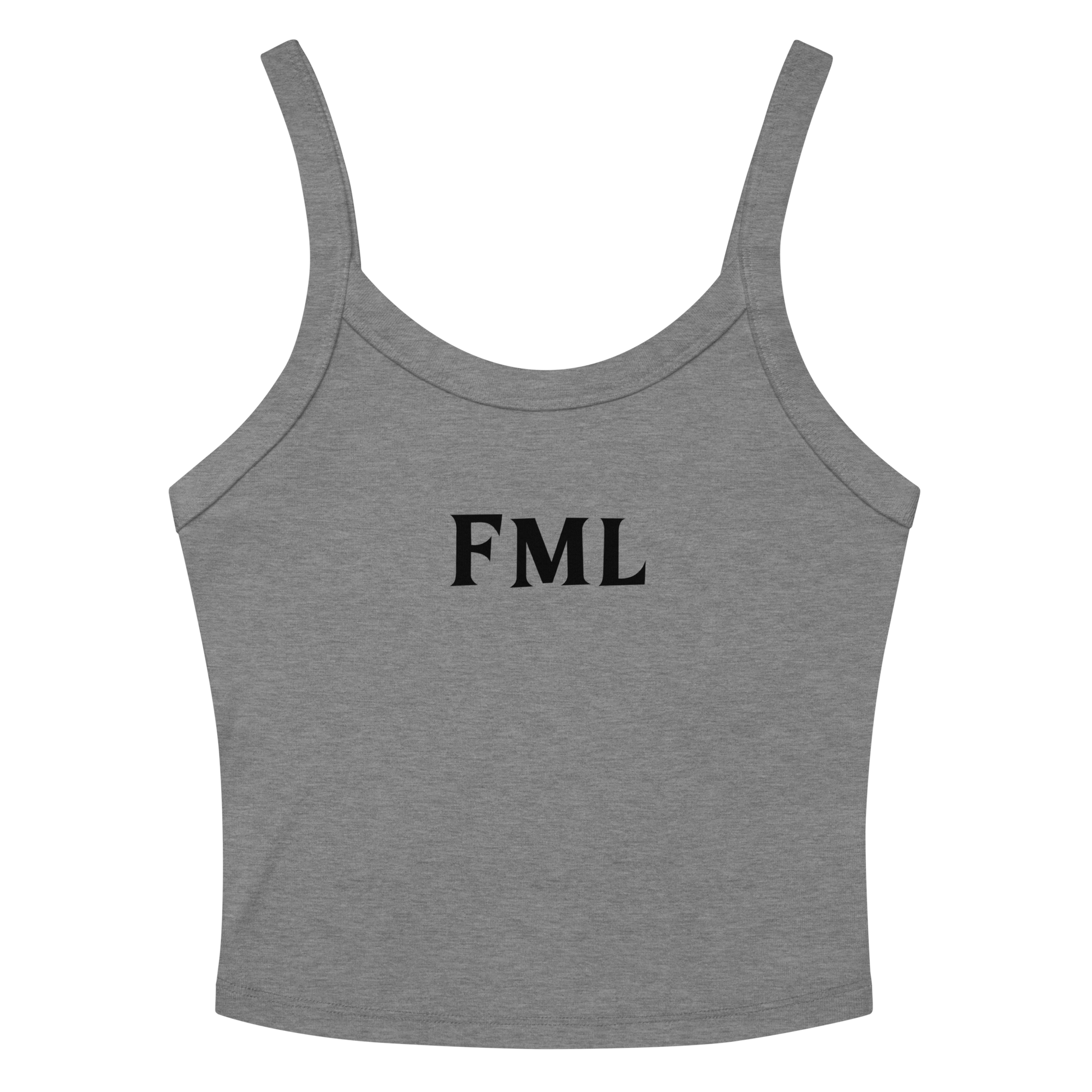 "FML" printed on a athletic heather women's micro-rib tanktop laying on a flat surface amongst sunglasses and shorts
