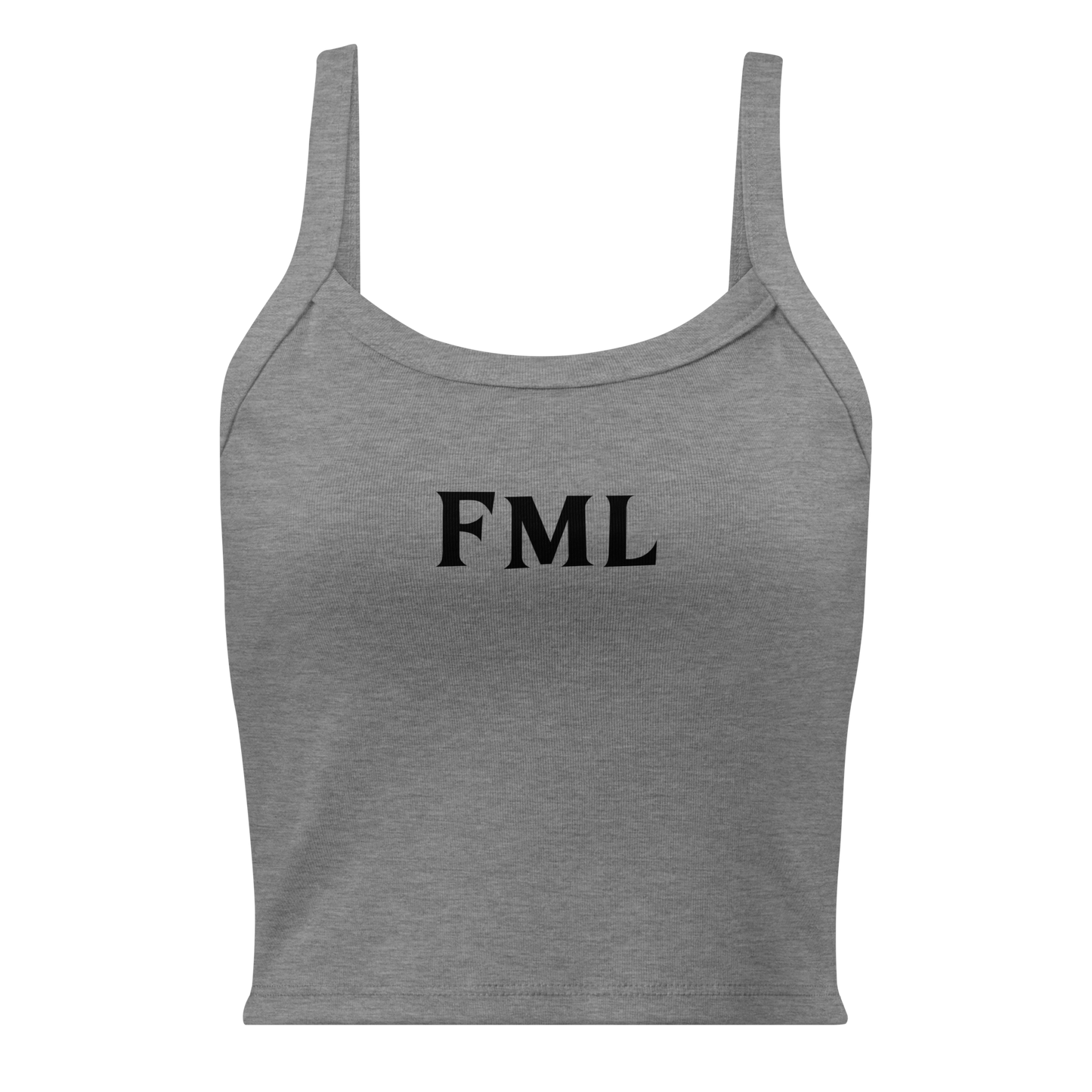 "FML" printed on a athletic heather women's micro-rib tanktop laying on a flat surface