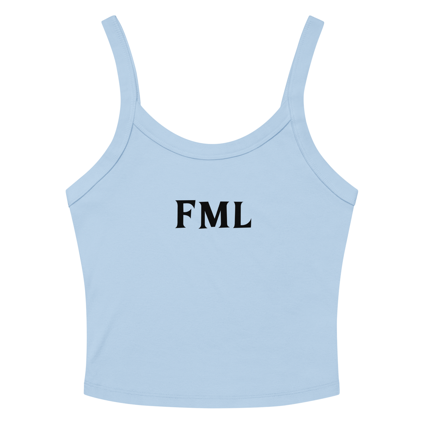 "FML" printed on a solid baby blue blend women's micro-rib tanktop laying on a flat surface amongst sunglasses and shorts