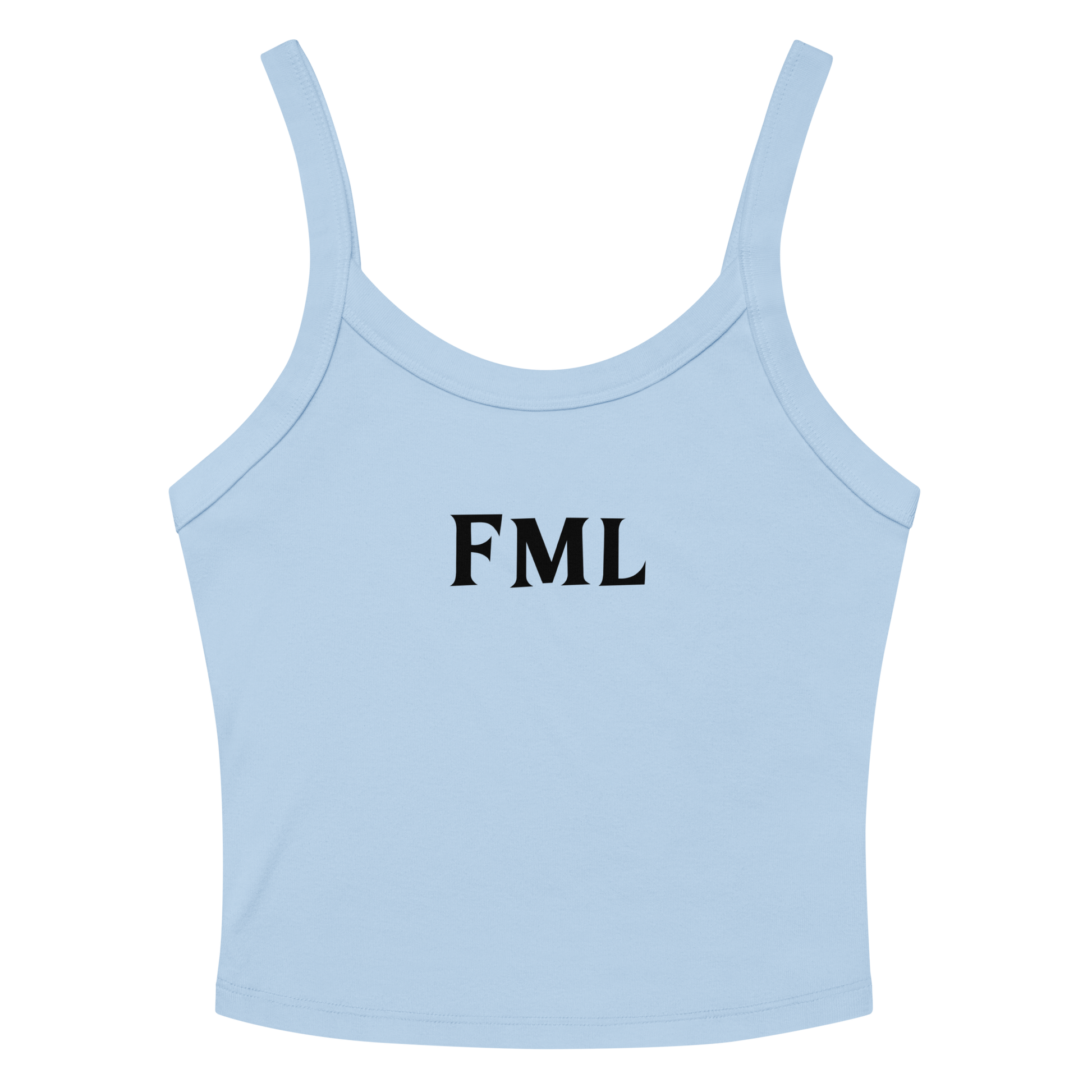 "FML" printed on a solid baby blue blend women's micro-rib tanktop laying on a flat surface amongst sunglasses and shorts