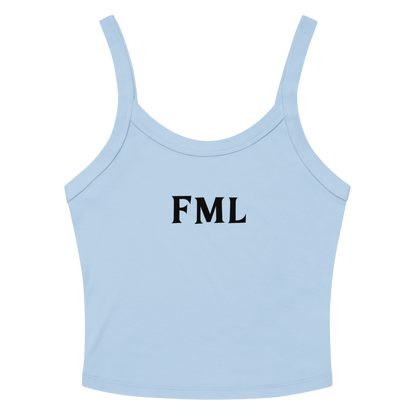 "FML" printed on a solid baby blue blend women's micro-rib tanktop laying on a flat surface amongst sunglasses and shorts