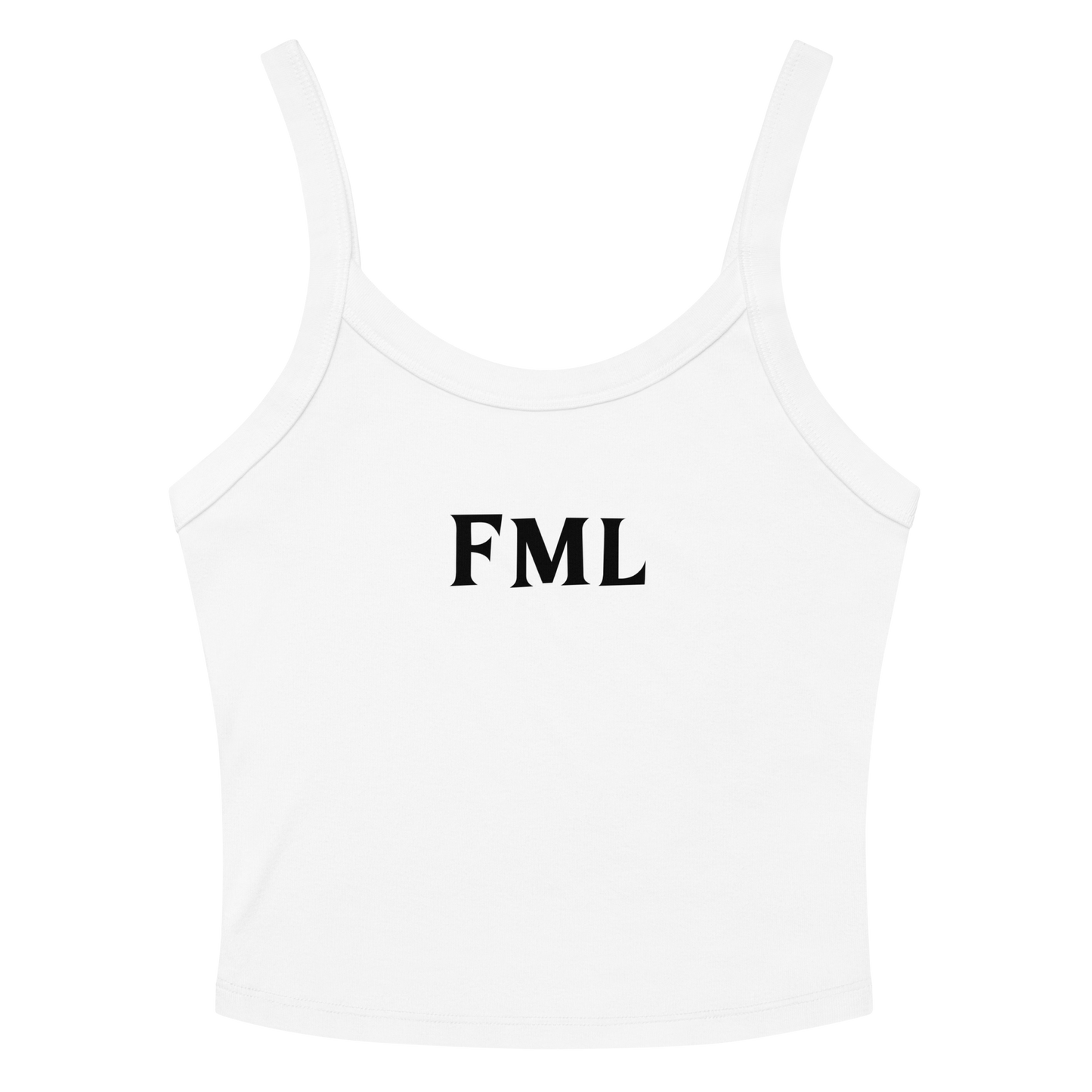 "FML" printed on a solid white blend women's micro-rib tanktop laying on a flat surface amongst sunglasses and shorts