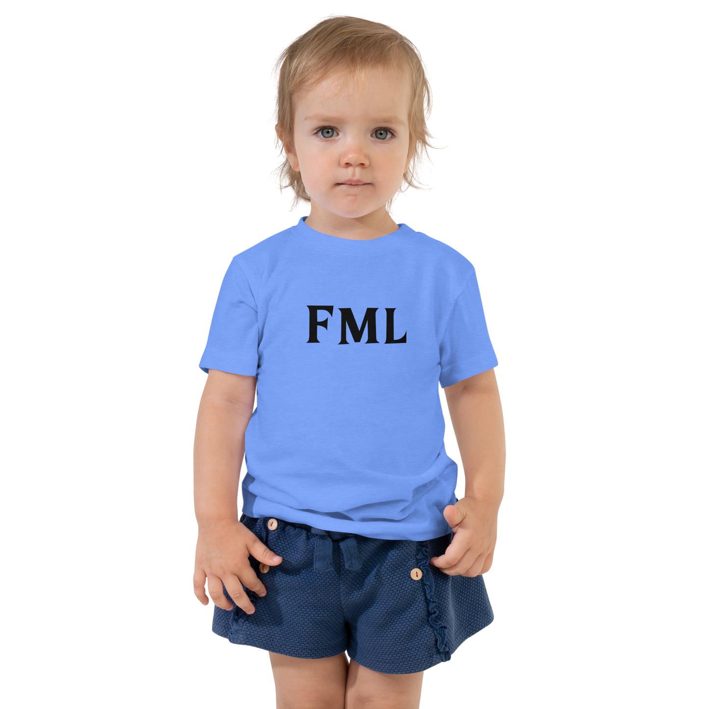 "FML" printed on a heather columbia blue toddler short sleeve tee worn by a female