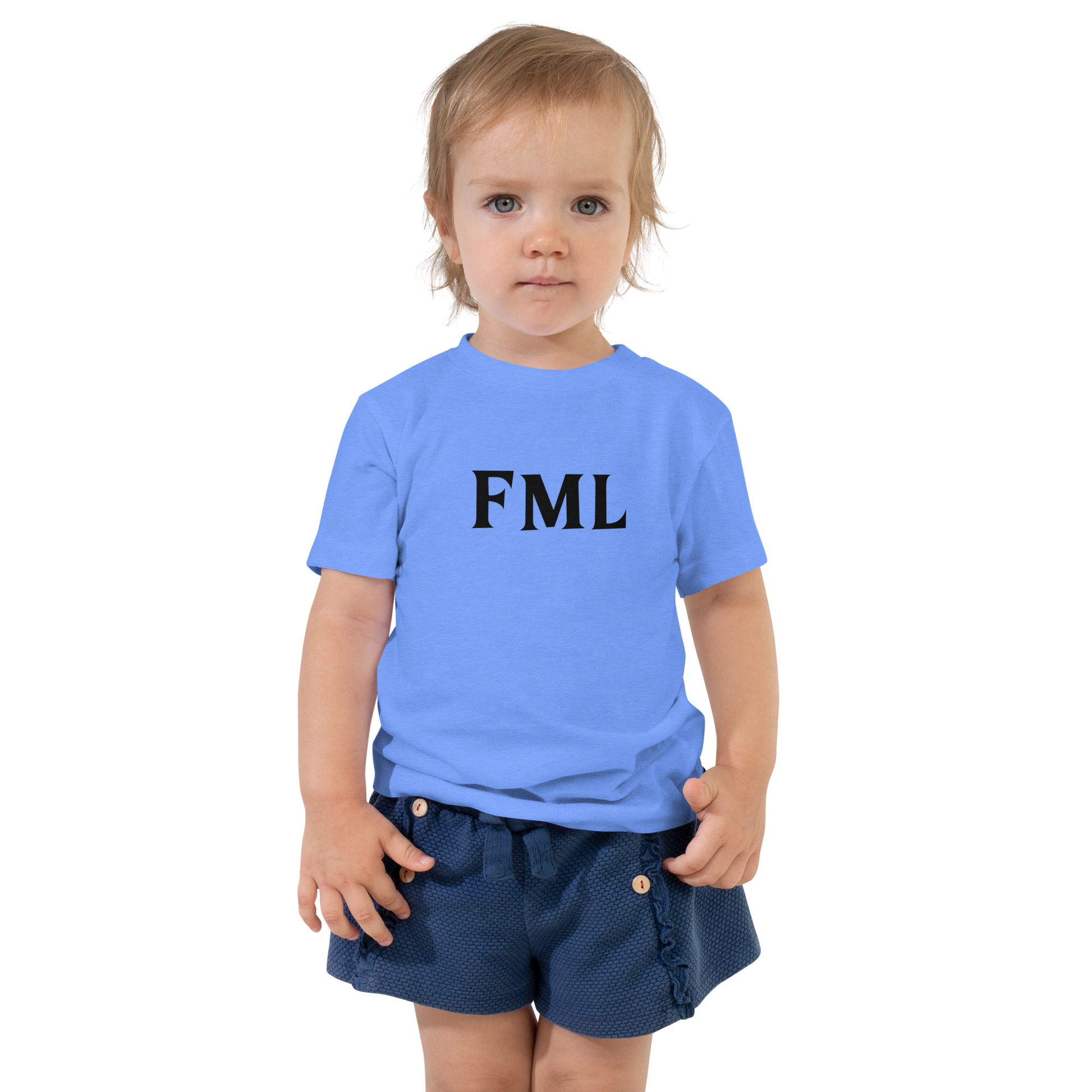 "FML" printed on a heather columbia blue toddler short sleeve tee worn by a female