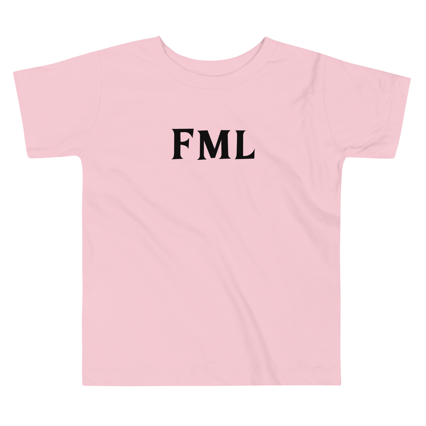 "FML" printed on a pink toddler short sleeve tee laying on a flat surface