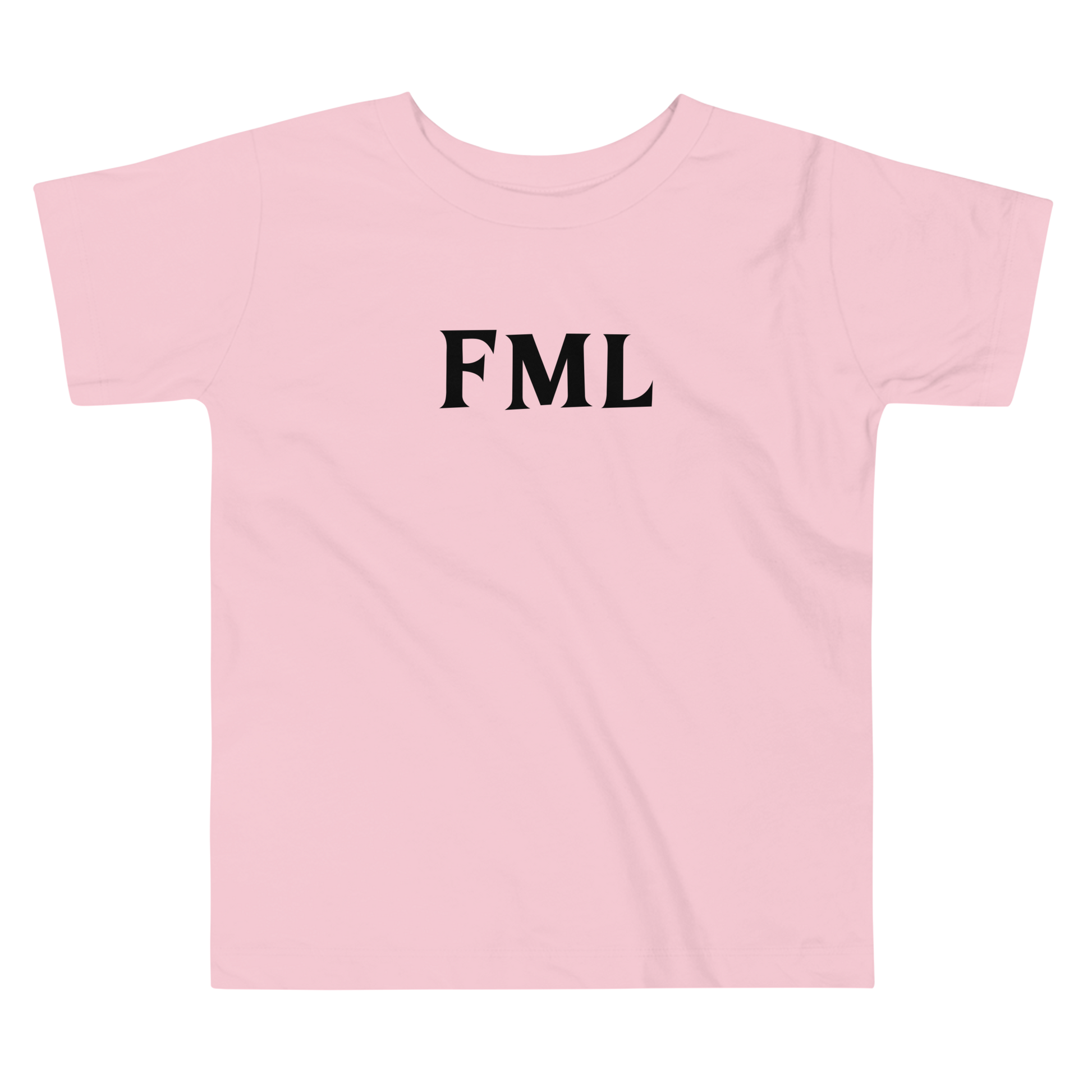 "FML" printed on a pink toddler short sleeve tee laying on a flat surface