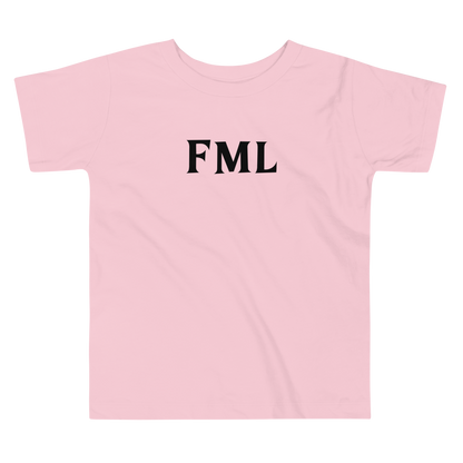 "FML" printed on a pink toddler short sleeve tee laying on a flat surface