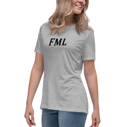 "FML" printed on a athletic heather women's relaxed t-shirt worn by a female