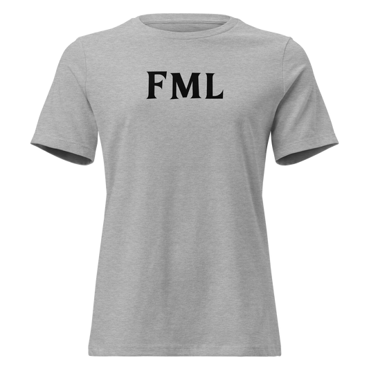 "FML" printed on a athletic heather on an invisible / simulated body