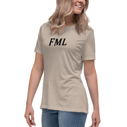 "FML" printed on a heather stone women's relaxed t-shirt worn by a female