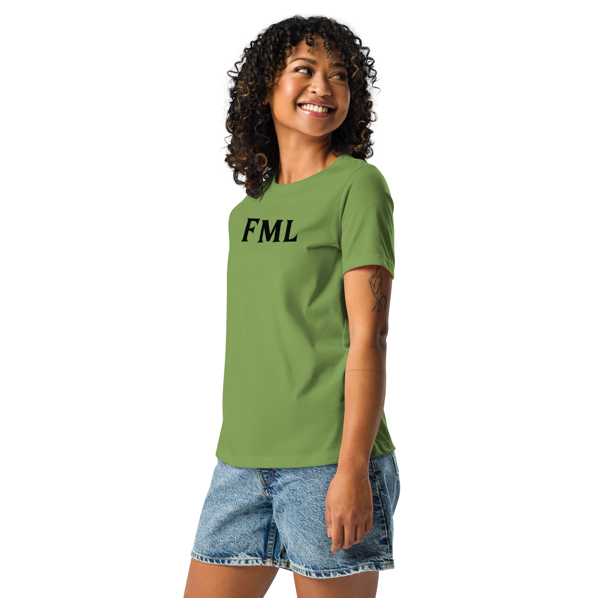 "FML" printed on a leaf women's relaxed t-shirt worn by a female