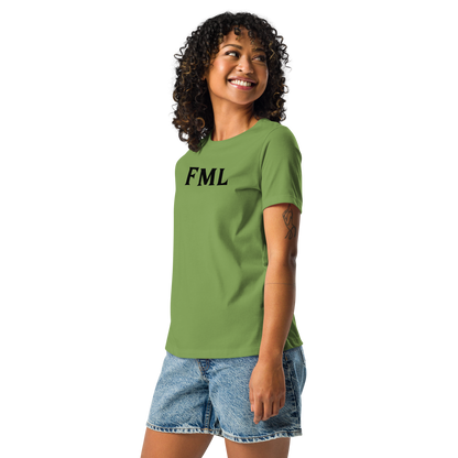 "FML" printed on a leaf women's relaxed t-shirt worn by a female