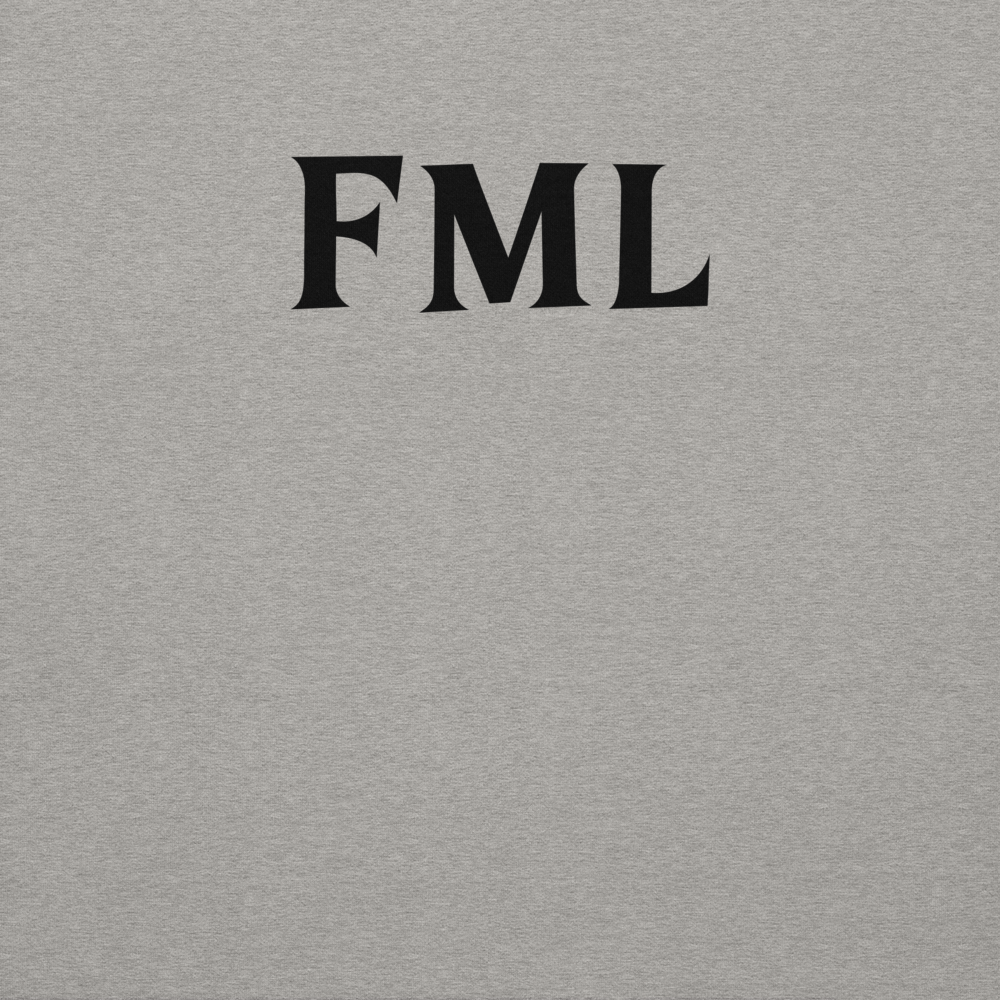 "FML" printed on a carbon grey background