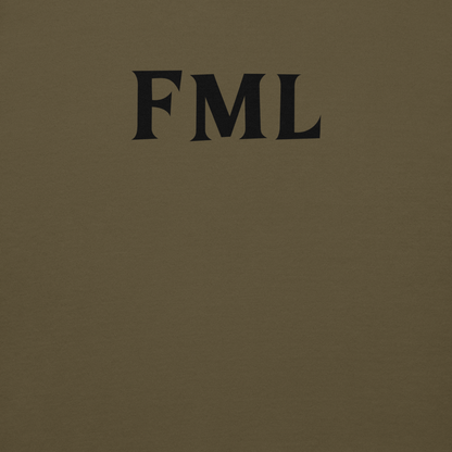 "FML" printed on a military green background