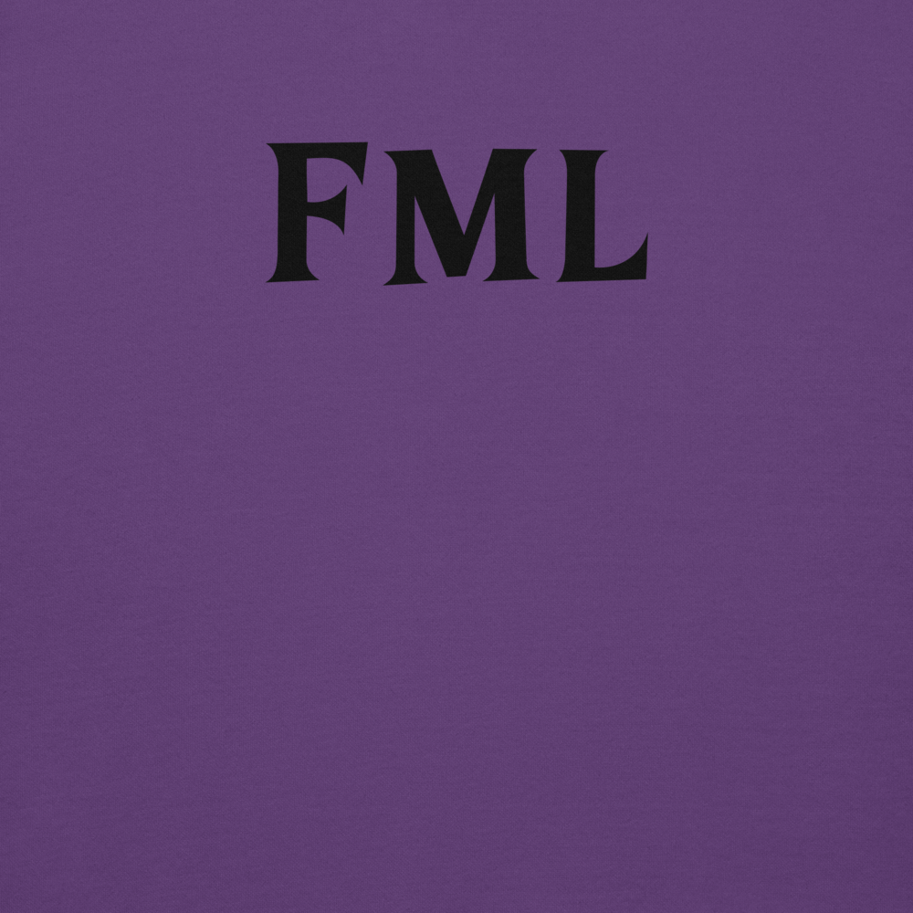 "FML" printed on a purple background