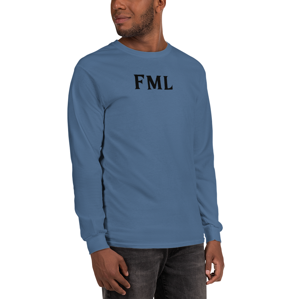 "FML" printed on a indigo blue men's long sleeve shirt worn by a male