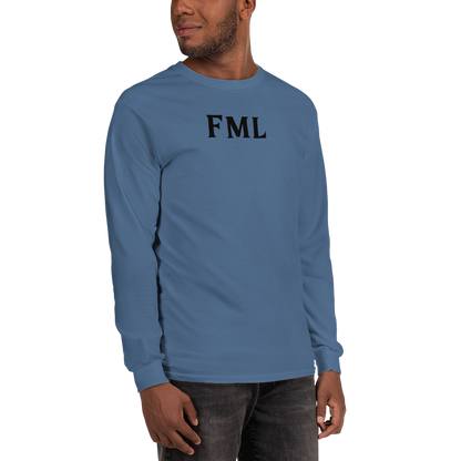 "FML" printed on a indigo blue men's long sleeve shirt worn by a male