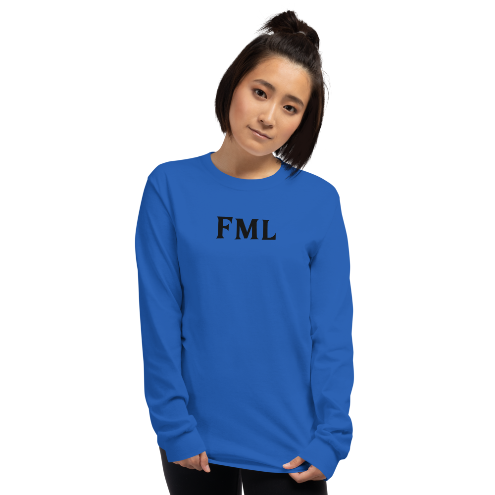 "FML" printed on a royal men's long sleeve shirt worn by a female