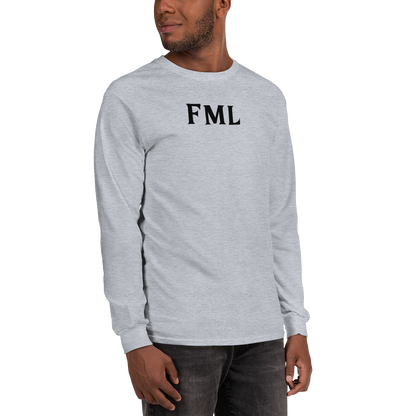 "FML" printed on a sport grey men's long sleeve shirt worn by a male